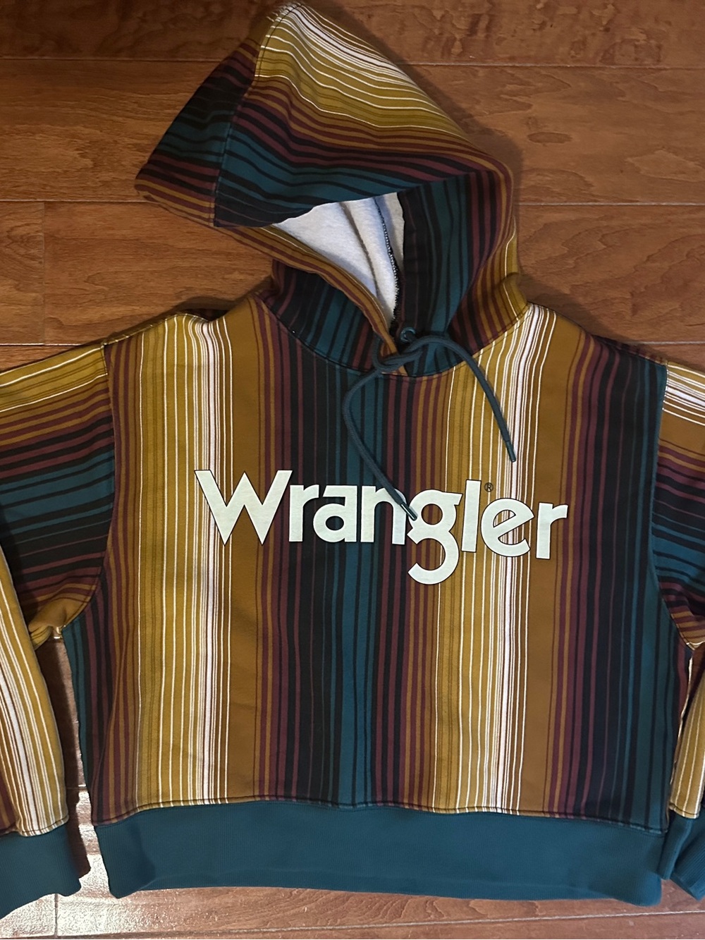 New Wrangler women’s cropped Striped Logo Hoodie - Mustard Multi Sz med